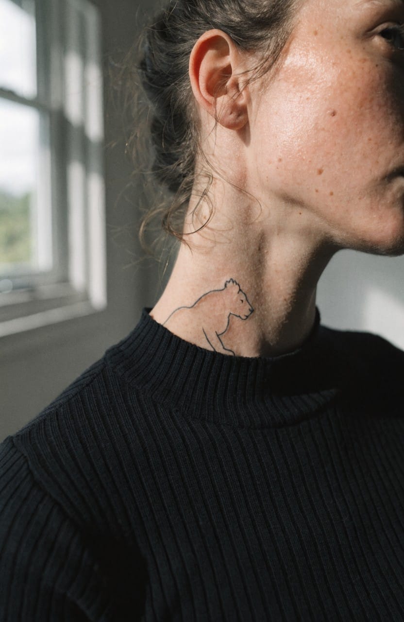 Minimalist black line art lioness tattoo on the side of a woman's neck