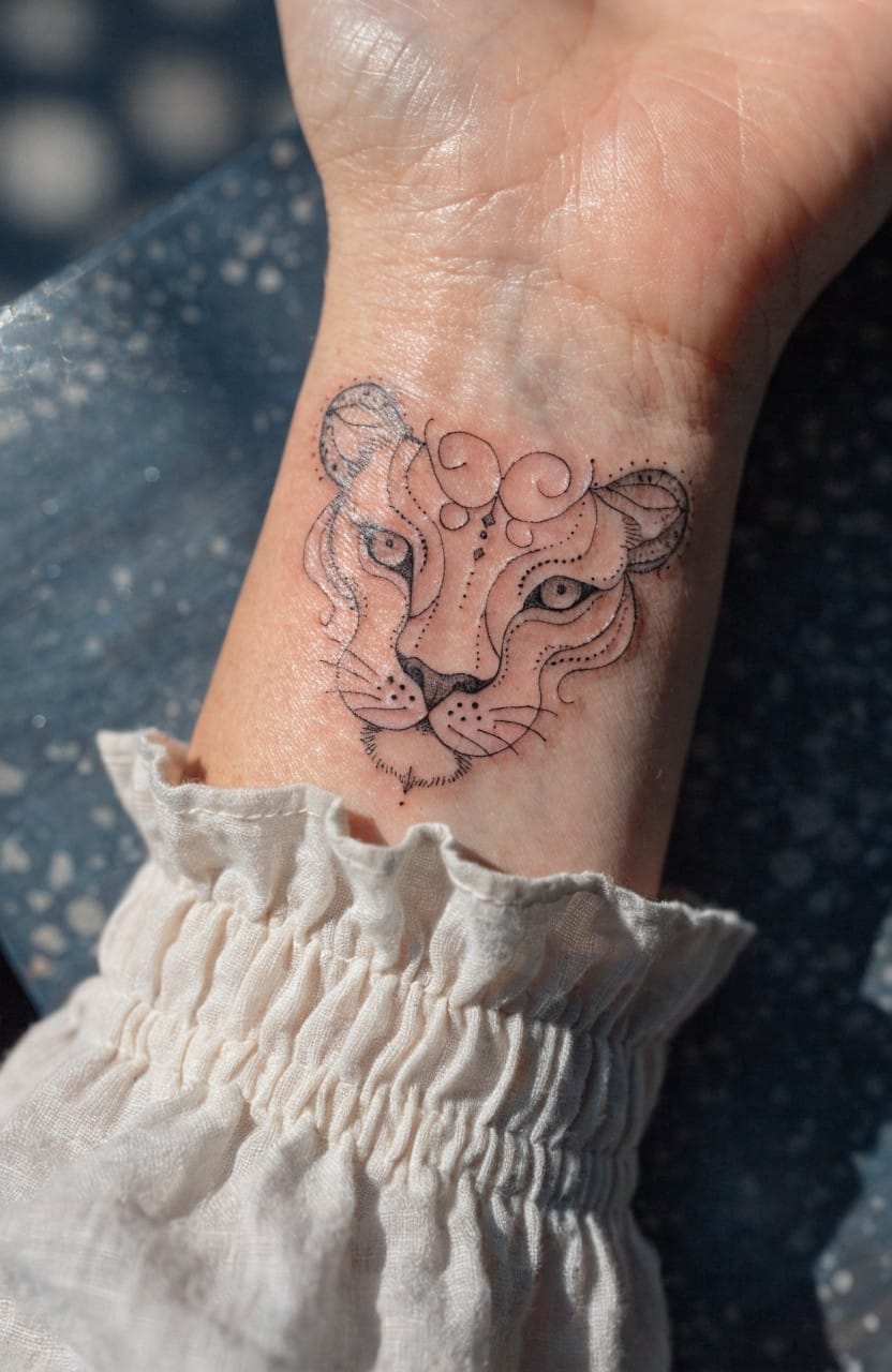 Fine line black ink tattoo of a lioness face on a woman's inner wrist with swirling patterns around the eyes and decorative elements