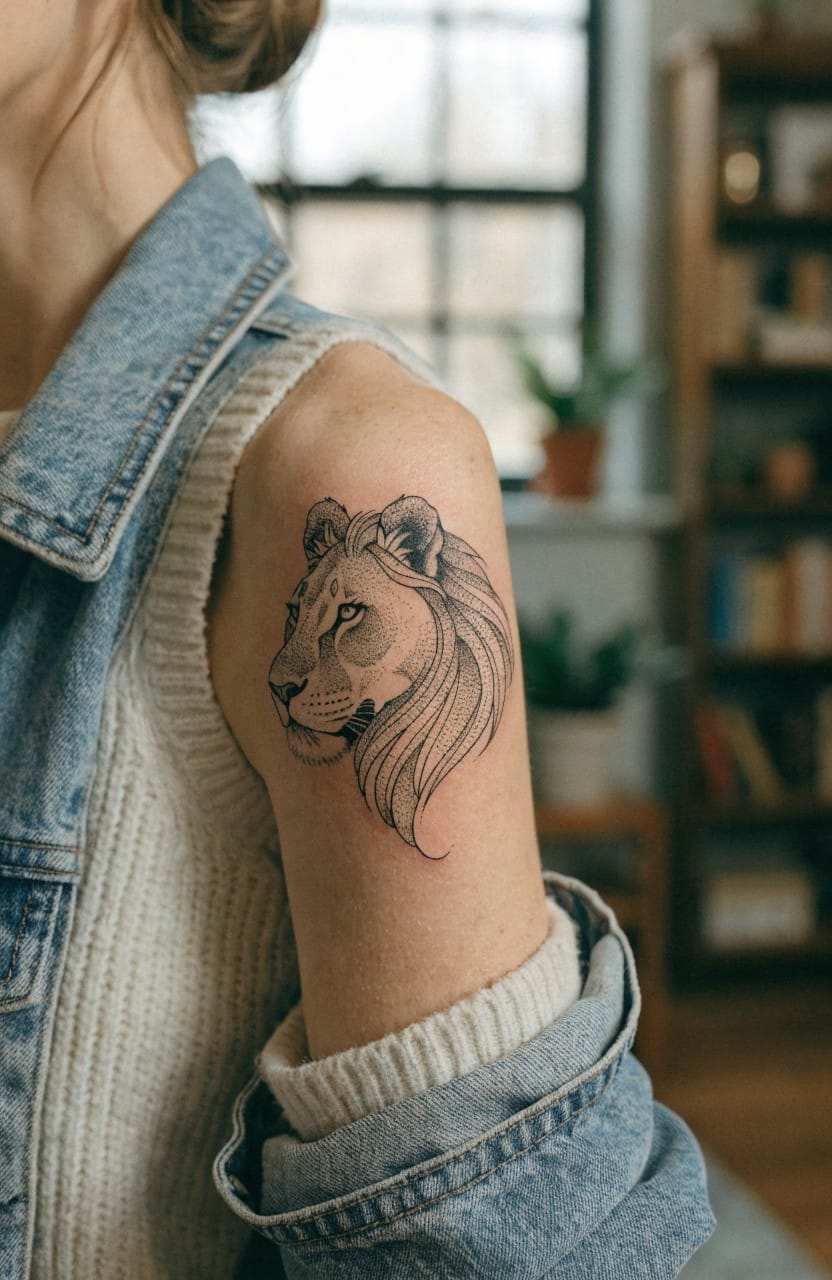 Black fine line lioness head tattoo in profile on a woman's upper arm and shoulder, detailed shading, viewed with partial clothing cover