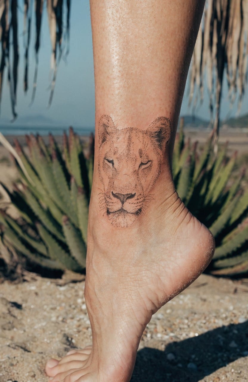 Woman's ankle with realistic black and grey lioness portrait tattoo framed by aloe plants on a beach setting