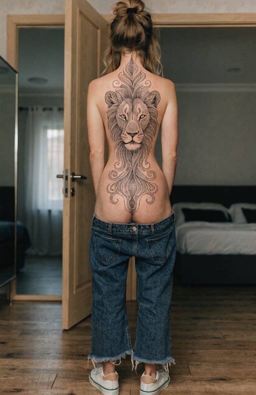 Woman standing in bedroom with back to camera showing large black and grey lioness tattoo covering her full back over low-rise jeans