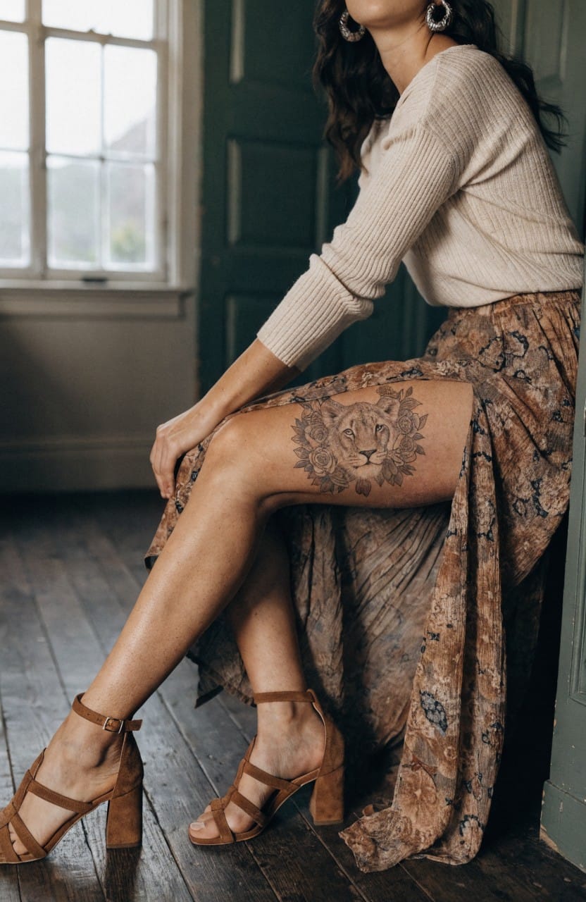 Woman's thigh showing large black ink lioness head tattoo with intricate mandala patterns, skirt draped over lower leg