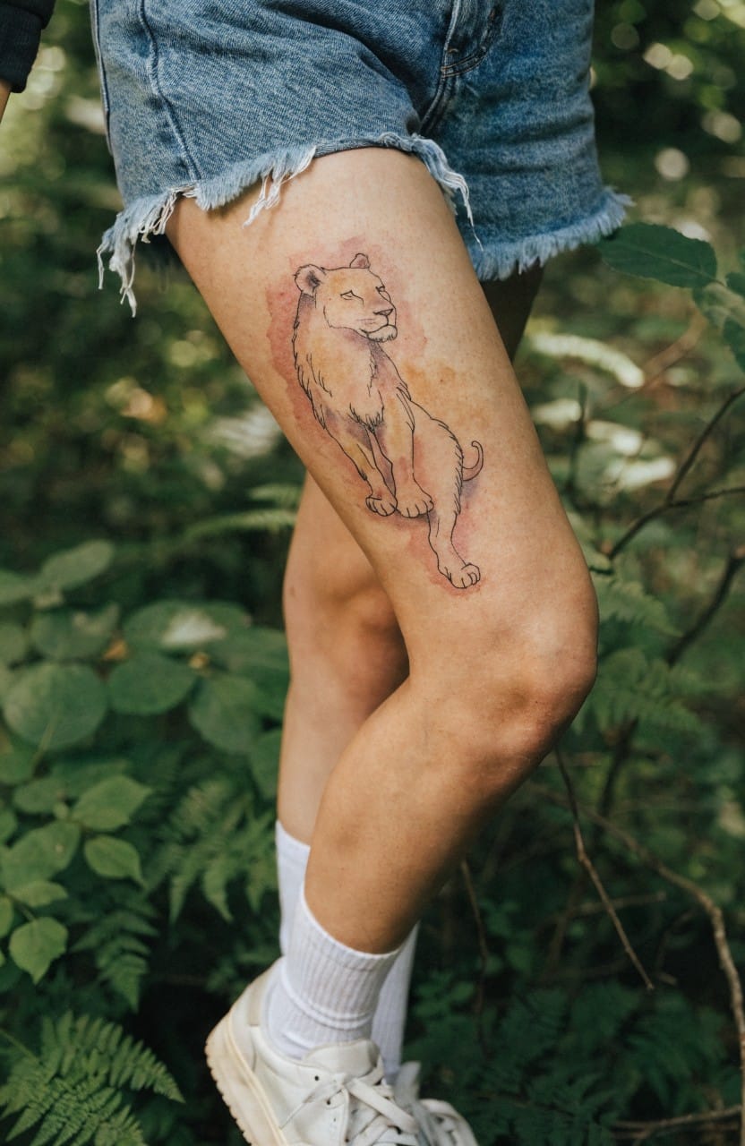 Woman's thigh showing a large watercolor lioness tattoo with ferns in a forest setting