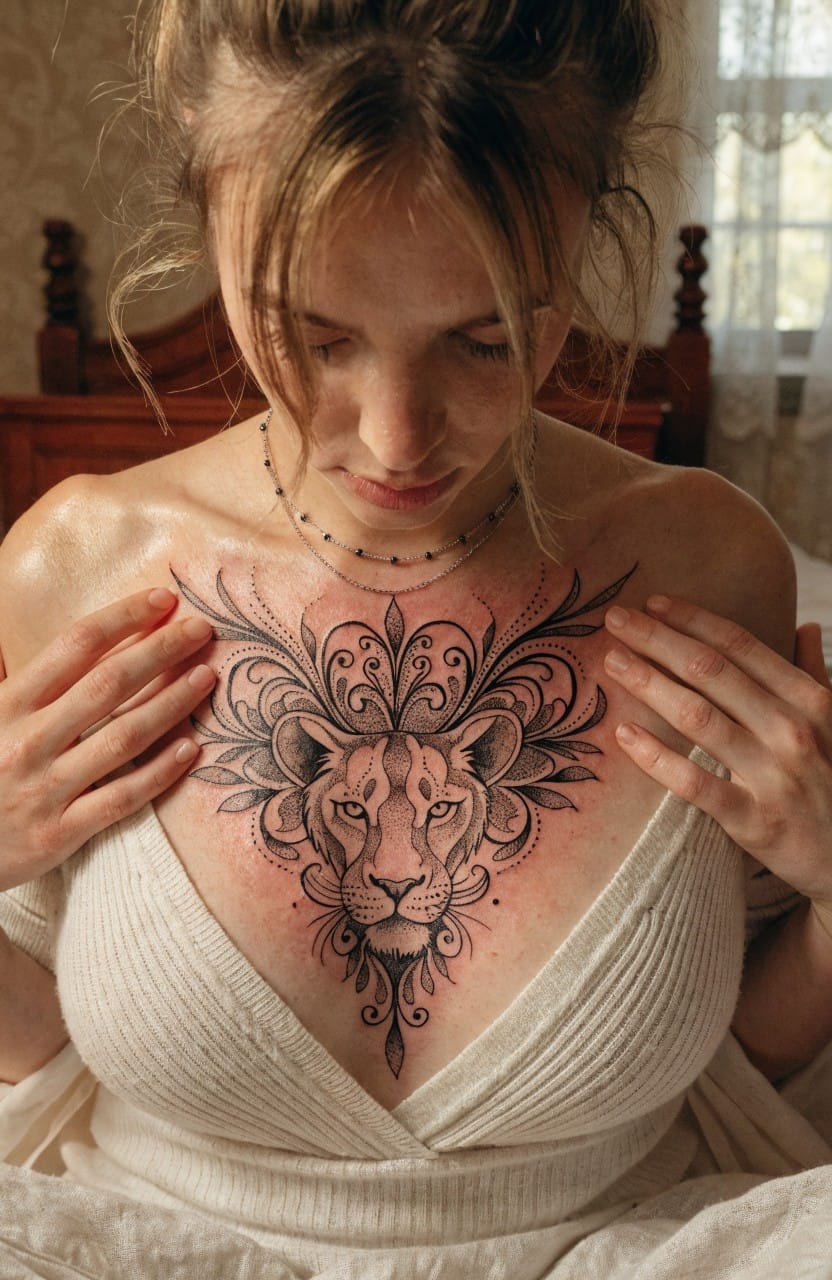 Detailed black linework lion head tattoo with floral and geometric patterns on a woman's upper chest