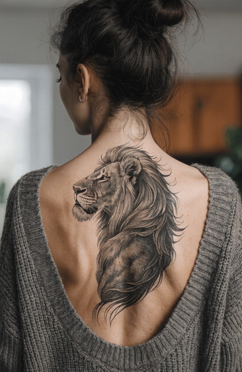 Large realistic black and grey lion tattoo in profile on a woman's upper back visible through off-shoulder sweater