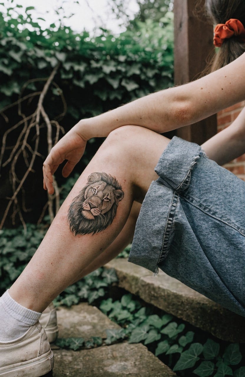 Black and grey realistic lioness head tattoo on a woman's outer thigh in an outdoor setting with greenery