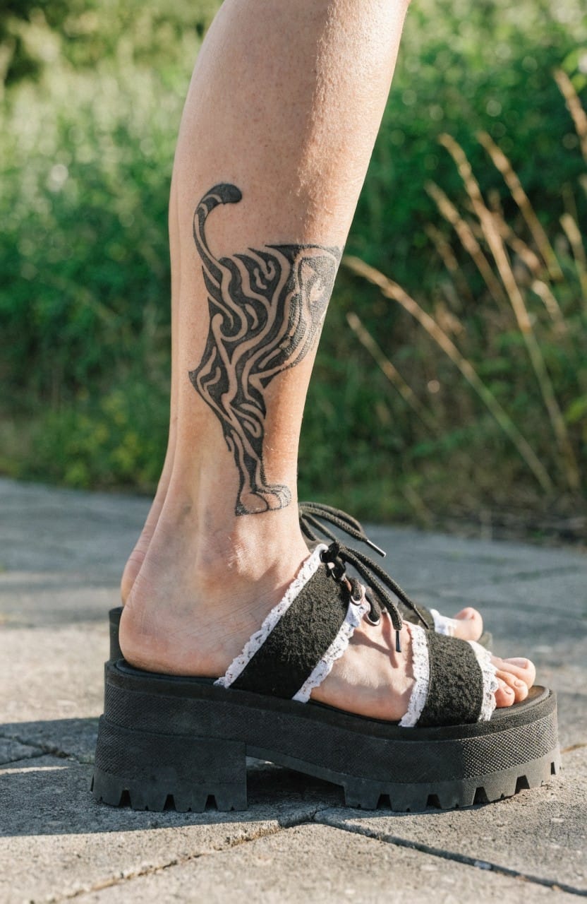 Black and grey realistic tiger tattoo wrapping a woman's lower leg from calf to ankle, paired with chunky platform sandals on a paved path