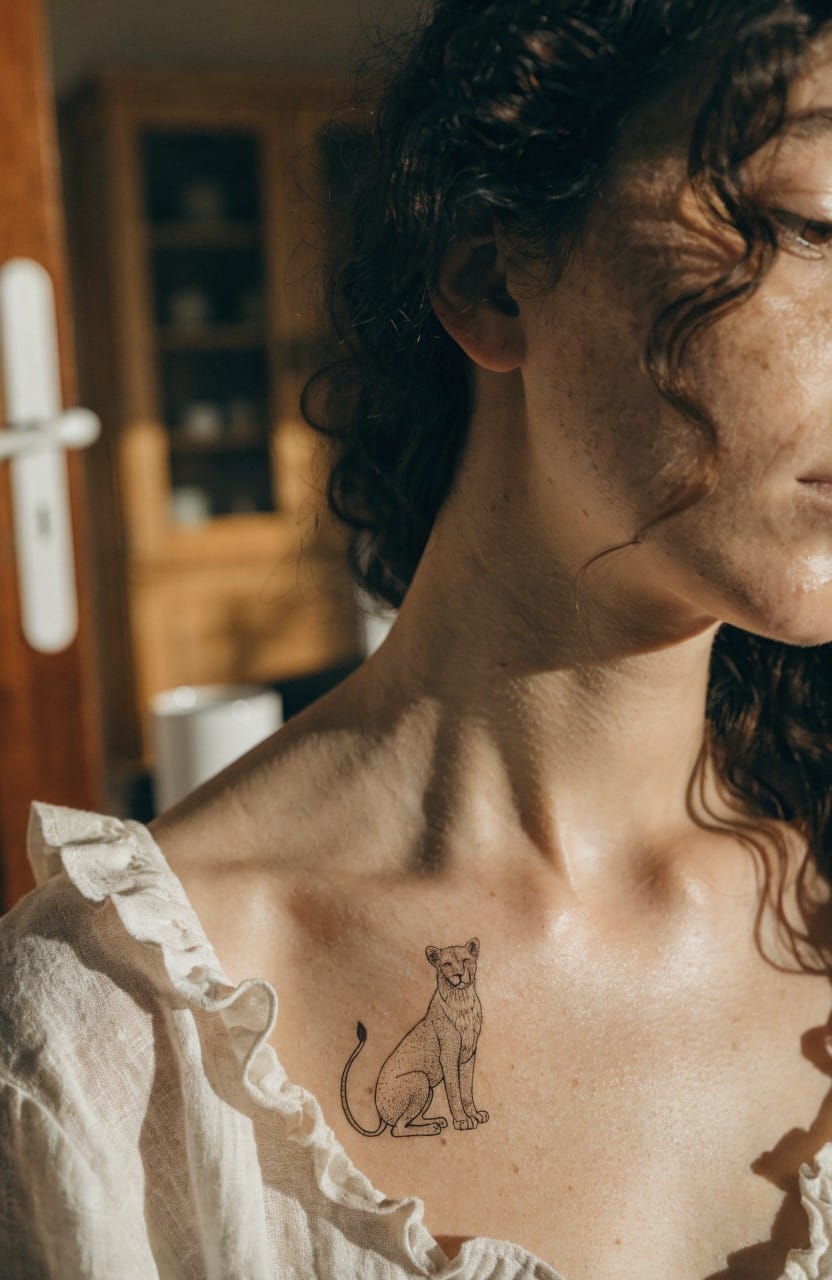 Minimalist black linework tattoo of a sitting lioness on a woman's upper chest near the collarbone