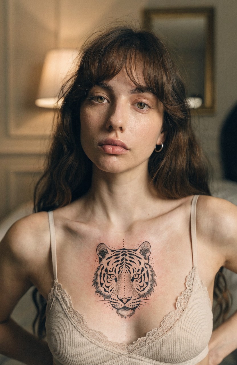 Fine line tiger head tattoo centered on chest over beige lace bra