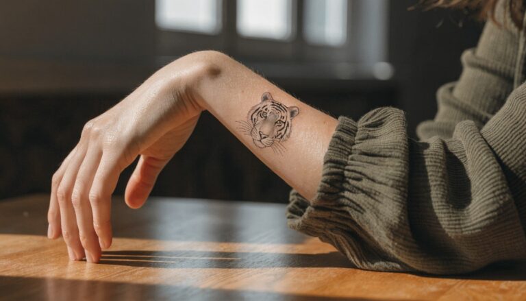 Delicate fine line tiger head tattoo on inner forearm resting on a table by a window