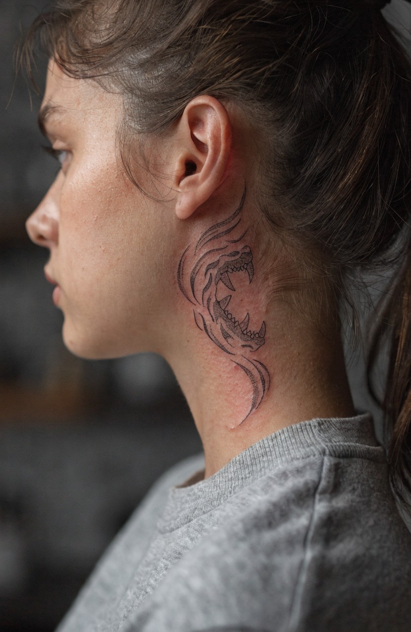 Woman's profile showing fine line black tiger tattoo with snarling face and flame lines curving from behind ear down neck side