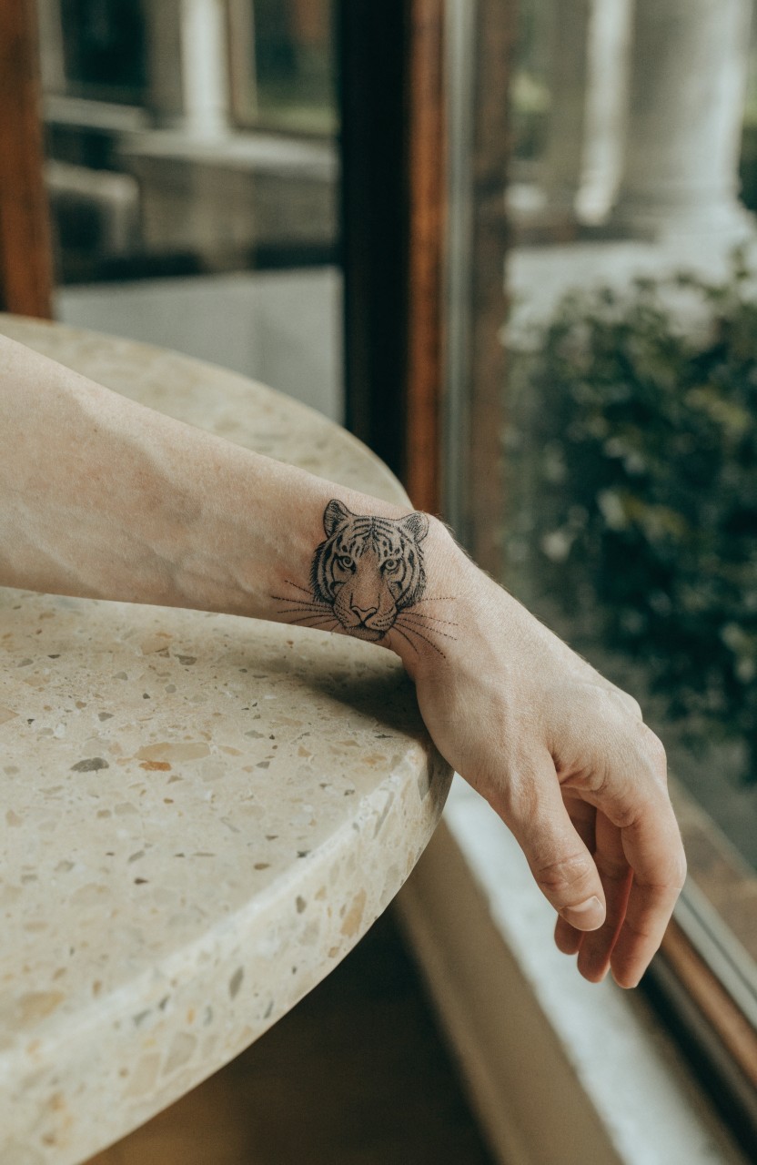 Delicate fine line tiger head tattoo on inner forearm resting on a table by a window