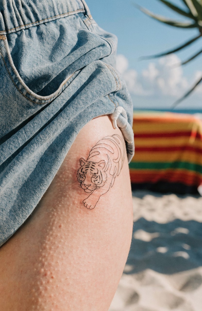 Minimalist fine line tiger tattoo crawling across upper thigh on tanned skin, beach setting with ocean and colorful towel in background