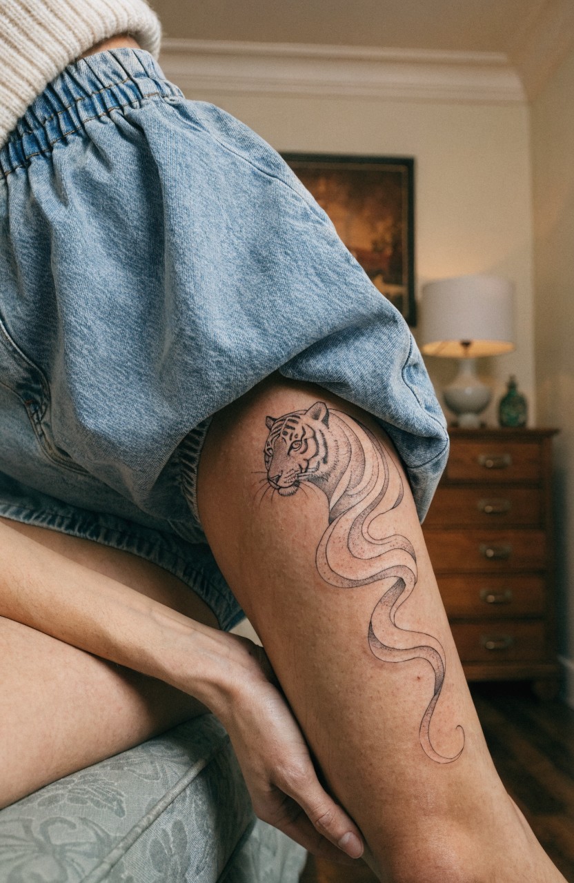 Fine line black tiger tattoo with head on outer thigh and swirling body wrapping down the leg