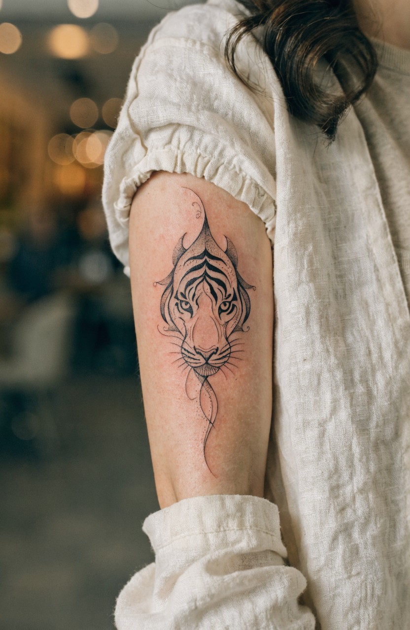 Fine line black ink tiger head tattoo on a woman's upper arm with flowing whisker lines extending down the arm