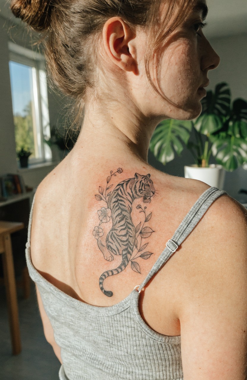 Fine line black ink tiger tattoo with flowers curving across a woman's upper back and shoulder blade