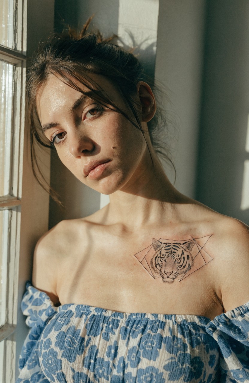 Fine line tiger head tattoo framed by triangles on a woman's shoulder in black ink