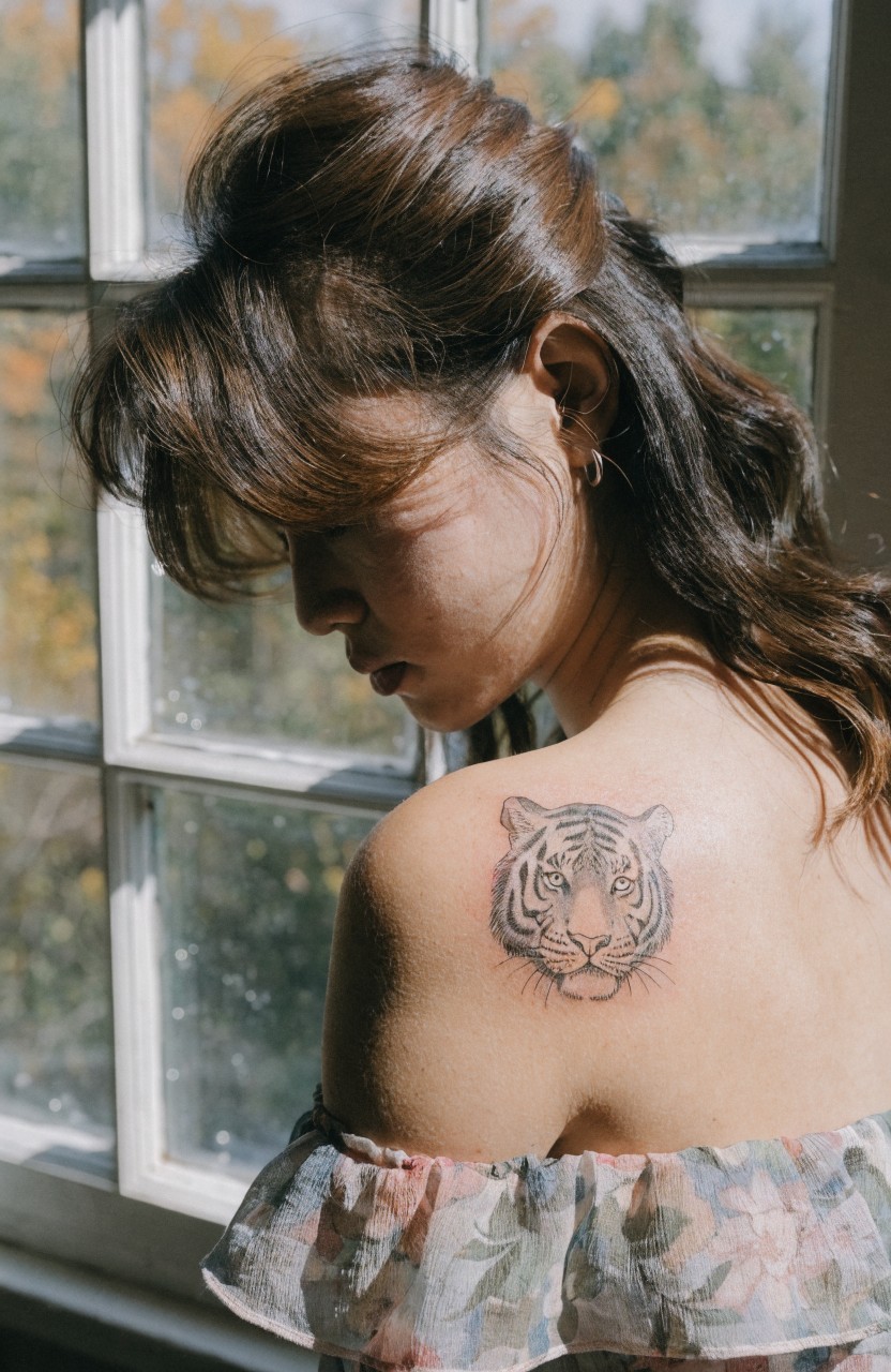 Fine line tiger head tattoo on shoulder in profile view