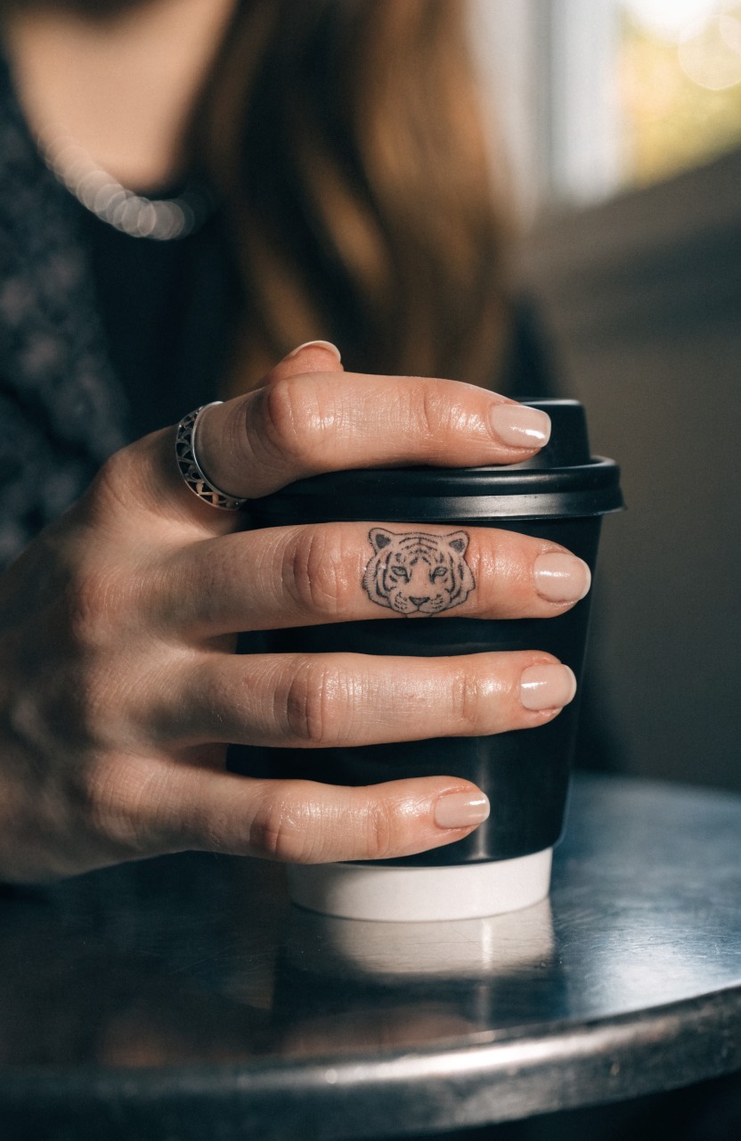 Hand holding a paper coffee cup with a fine line tiger head tattoo on the middle finger