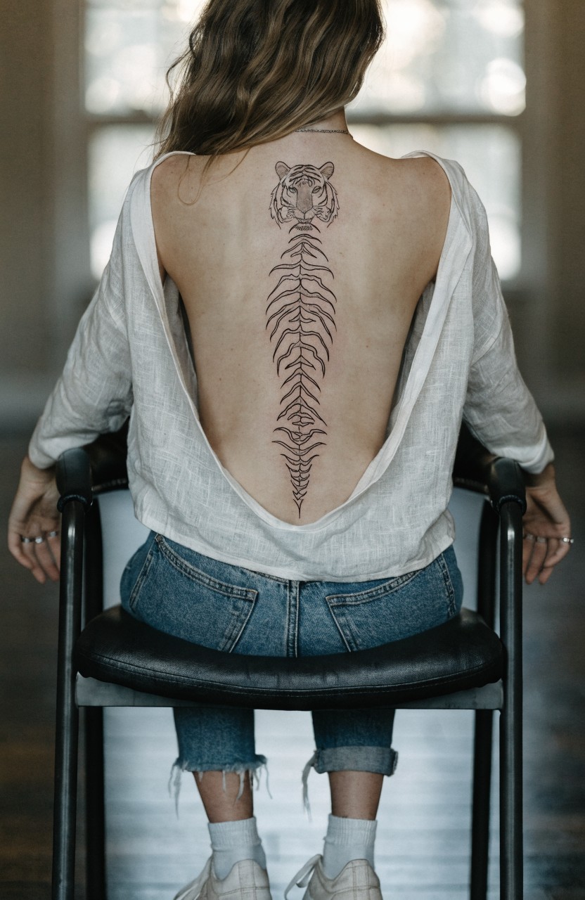 Fine line black tiger head morphing into a spine tattoo covering a woman's full back, visible through backless beige top as she sits in a chair
