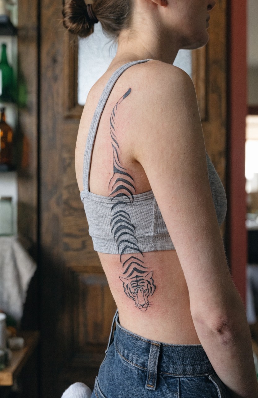 Black fine line tiger tattoo from shoulder blade to hip on woman's side torso, head positioned low with stripes extending upward