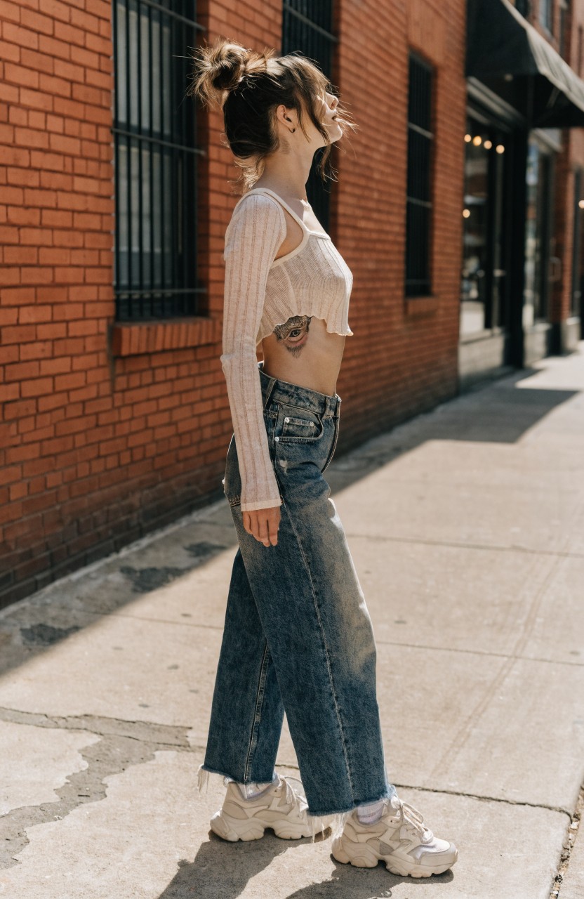 Woman in cropped top and baggy jeans posing sideways to show fine line tiger tattoo on her side torso against brick wall