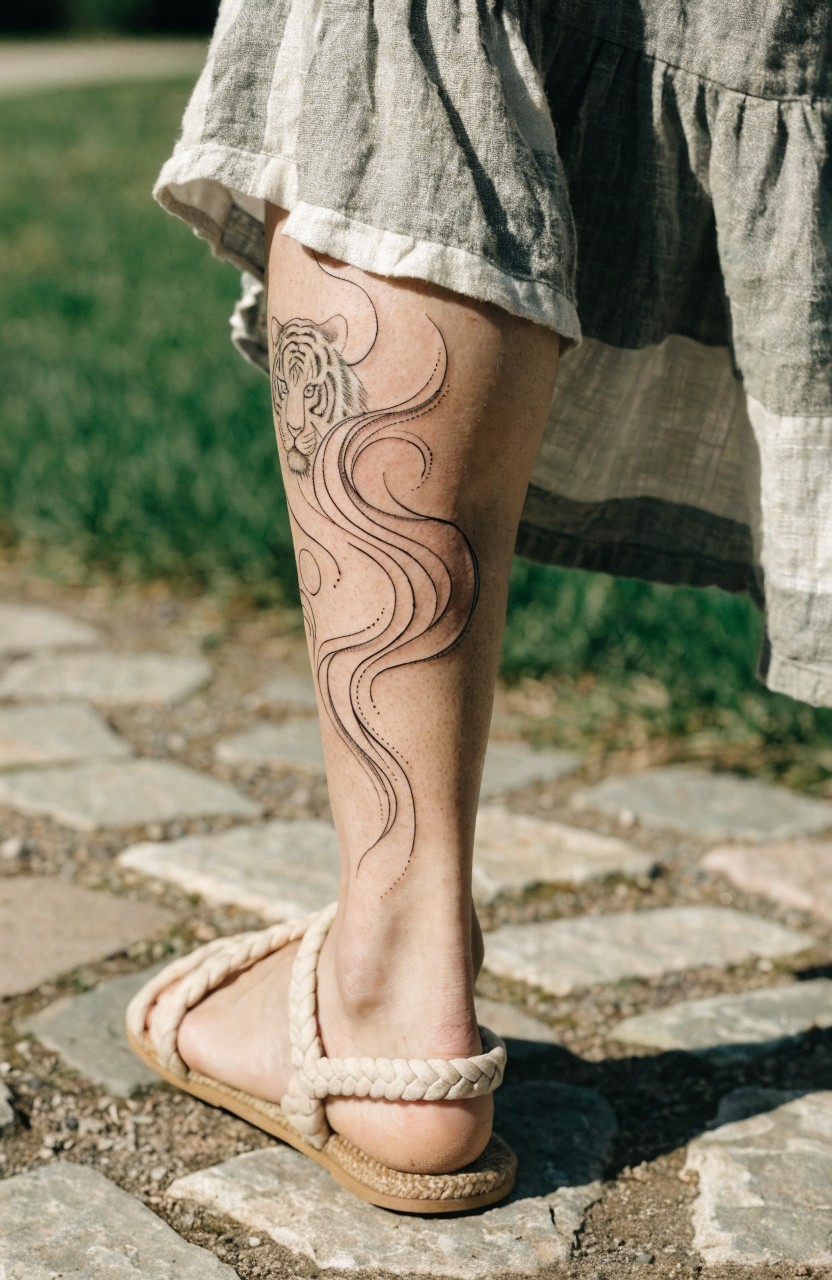 Woman's lower leg with fine line black tiger head tattoo and swirling smoke lines extending from thigh to near ankle, skirt lifted, standing on stone path in grass wearing beige sandals