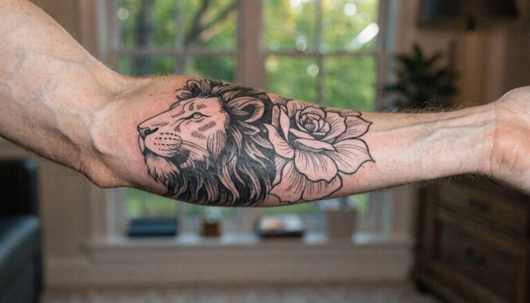 24 Artistic Half Lion Half Flower Tattoo Ideas With Visual Balance Black linework tattoo of lion face blended with rose on inner forearm against plant filled background
