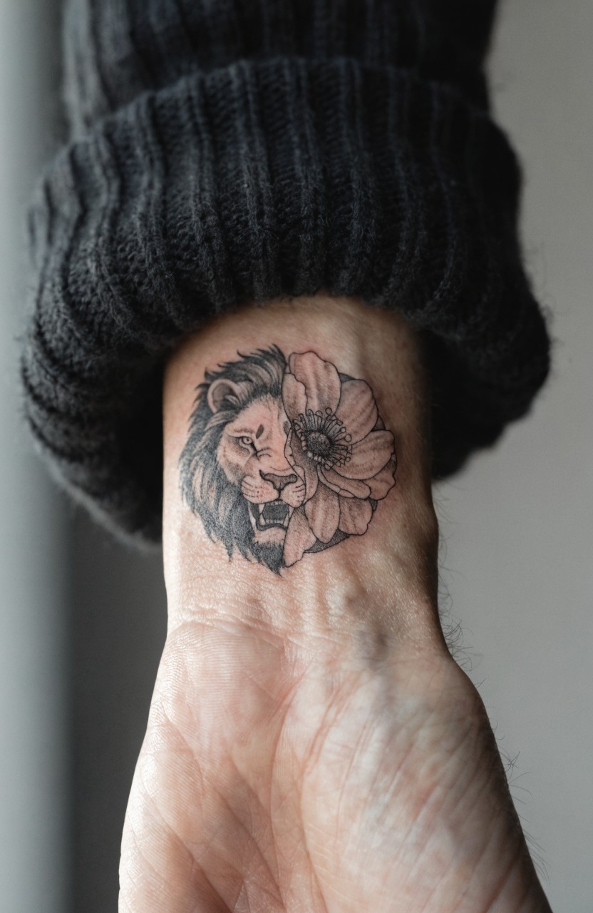 Black and gray realistic tattoo on wrist showing lion head merged with anemone flower