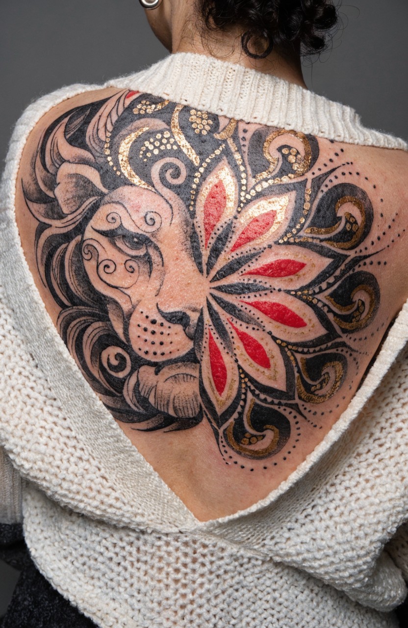 Woman's upper back tattoo featuring a detailed lion head merging into a red and gold mandala flower design, viewed through an open white sweater