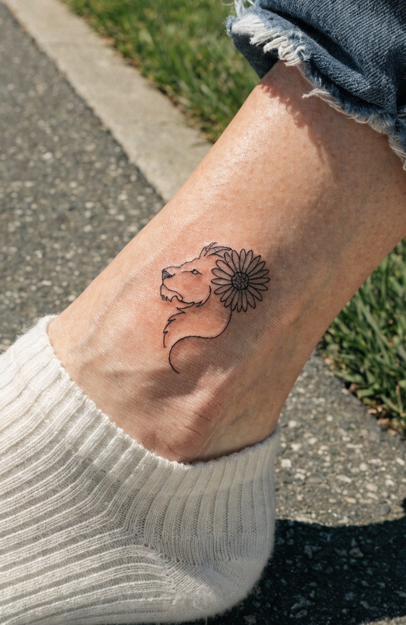 Black line art tattoo of lion head profile with daisy flower in mane and curving tail on outer ankle above white sock