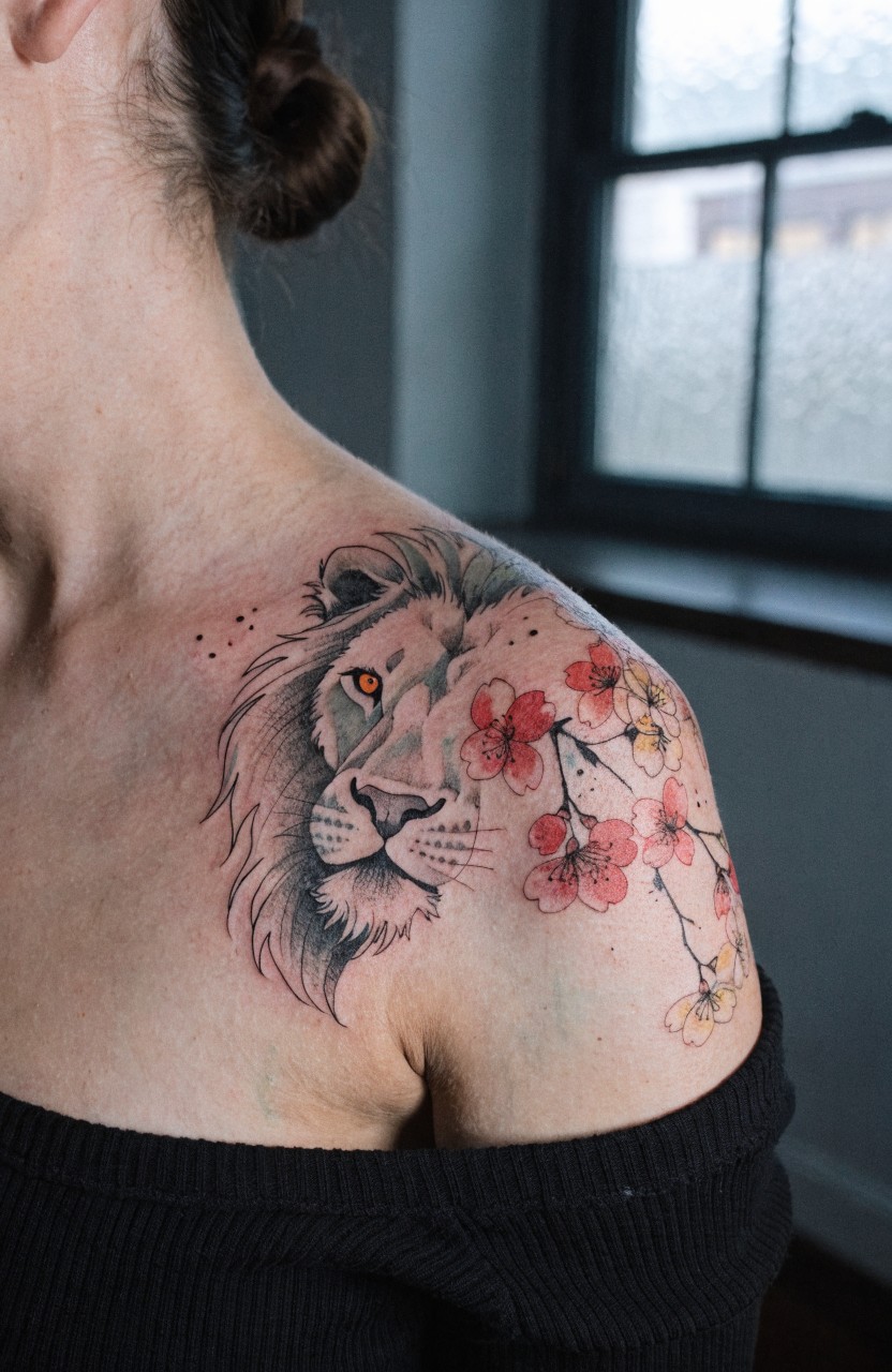 Woman's shoulder tattoo of a detailed white lion head with blue eye blended into pink and yellow cherry blossoms on black and gray shaded skin