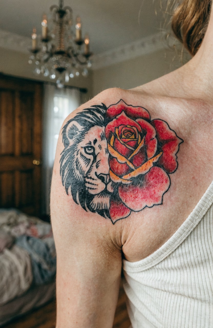 Shoulder tattoo blending a shaded black and white lion face with a vibrant red rose on a woman's upper arm