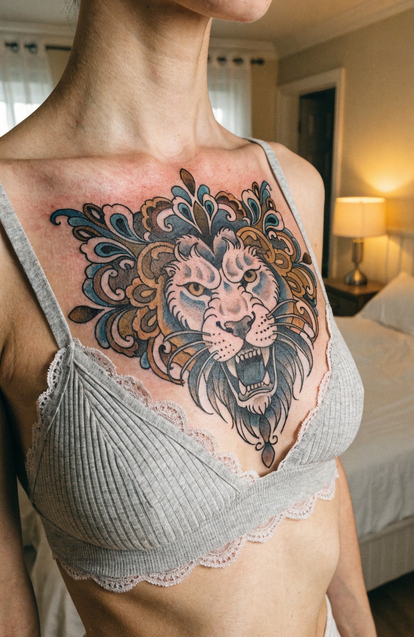 Woman's upper chest tattoo of a detailed white lion head framed by teal and gold floral mandala patterns, shown in gray lace bralette