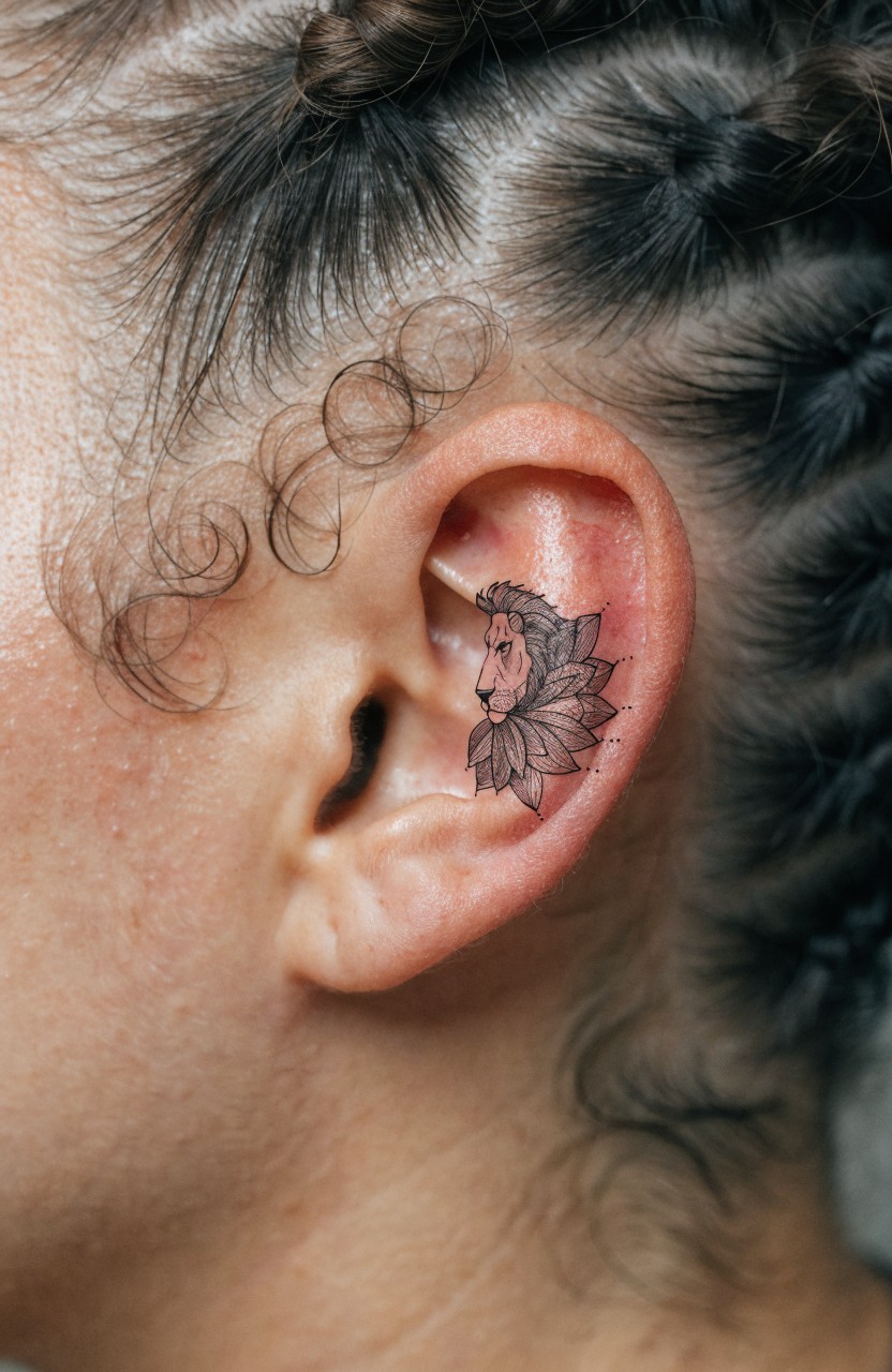 Black ink fine line tattoo behind the ear showing a lion head blended into lotus flower petals on a woman's head with braided hair
