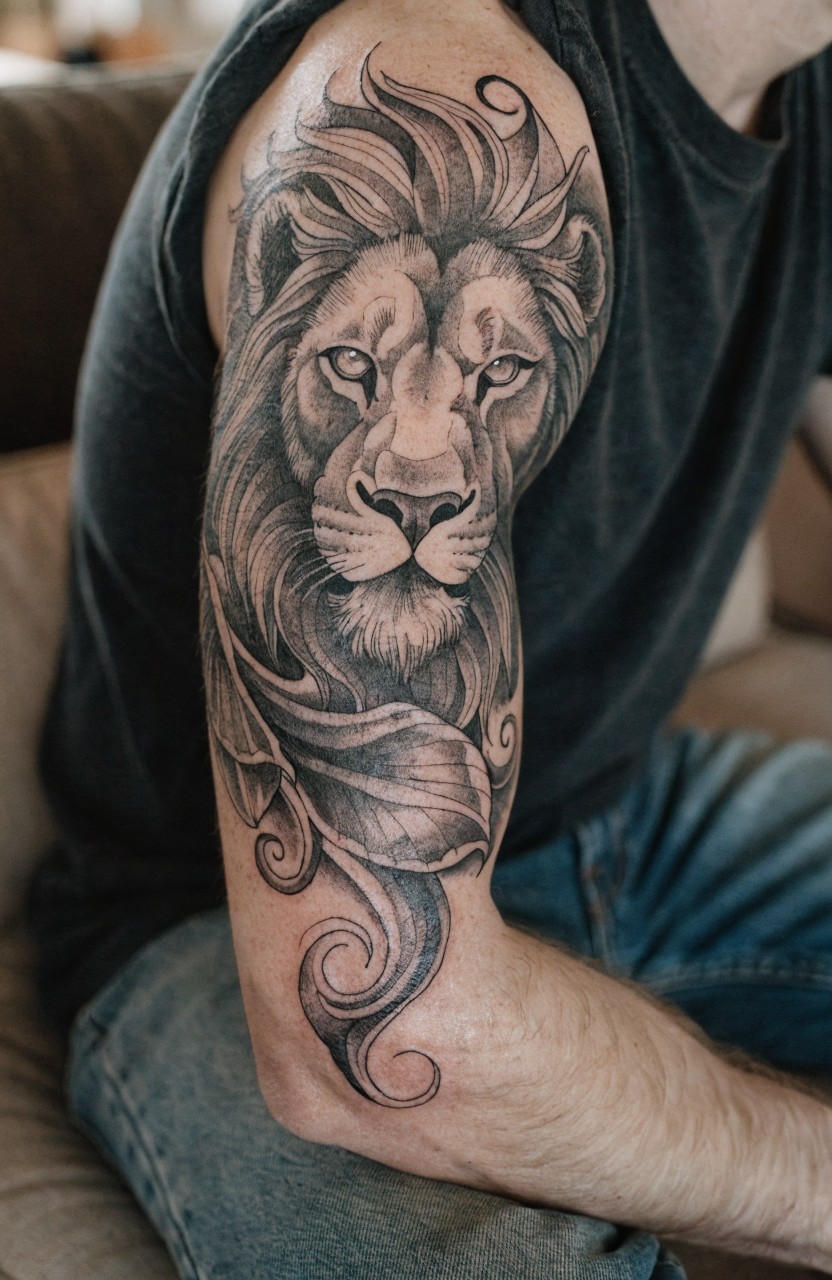 Black and gray realism tattoo of lion head merging into swirling leaves on a man's upper arm