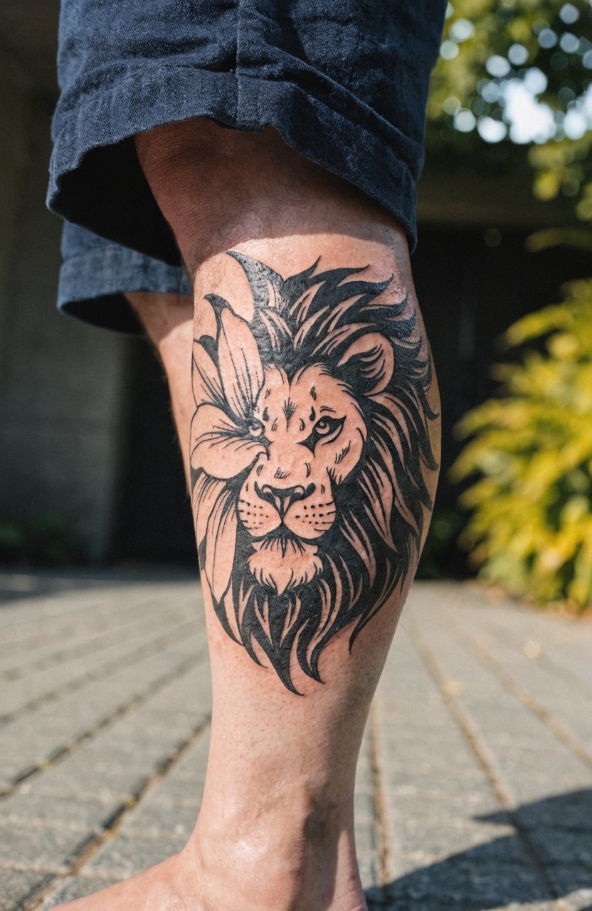 Realistic black ink lion head integrated with lily flower on man's calf tattoo