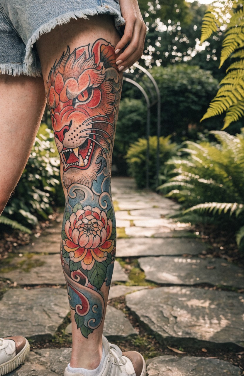Woman's outer thigh tattoo in Japanese style with snarling red lion head morphing into pink peony flowers and blue waves, photographed outdoors on stone path