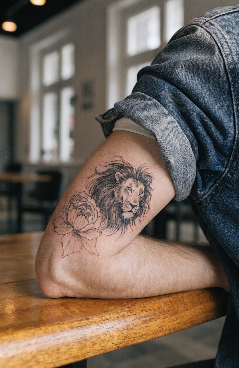 Black and grey realistic lion head tattoo blending into peony flower on man's outer upper arm in cafe setting