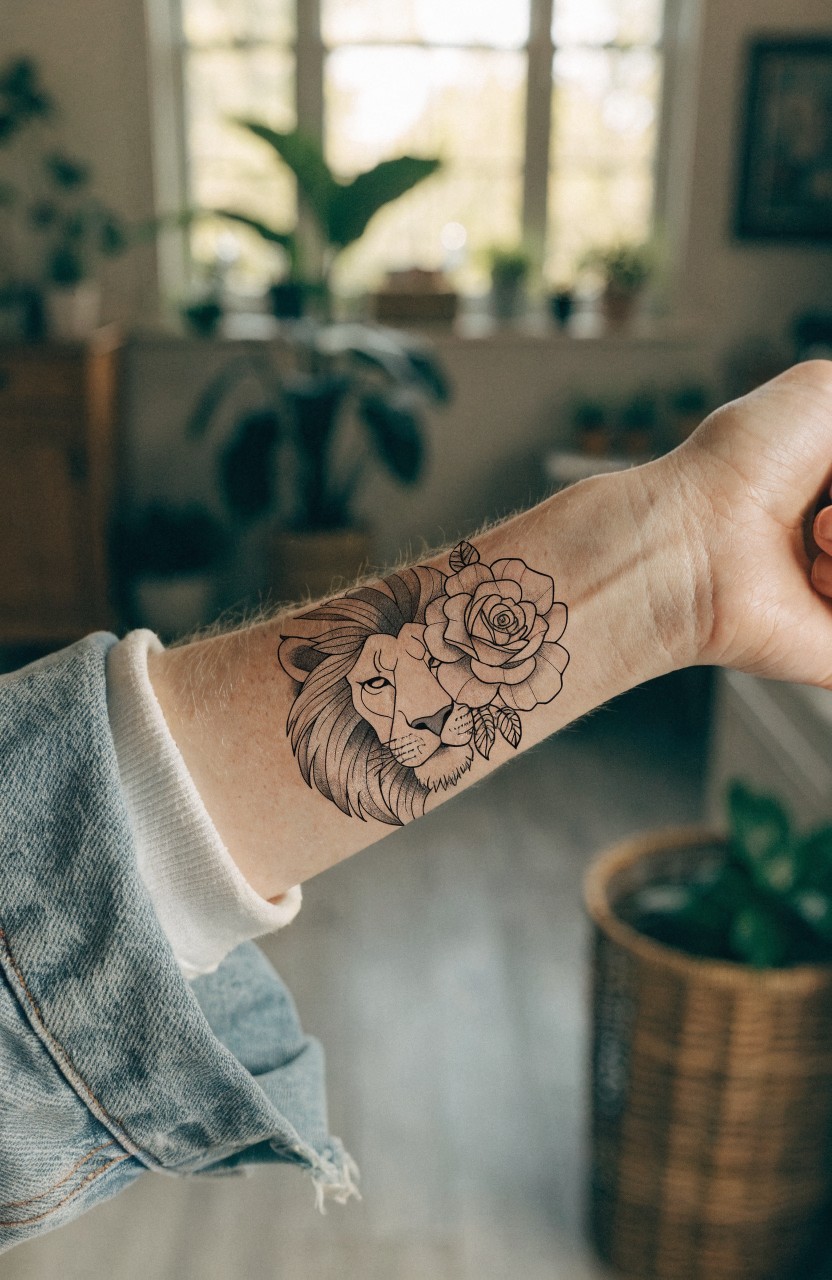 Black linework tattoo of lion face blended with rose on inner forearm against plant filled background
