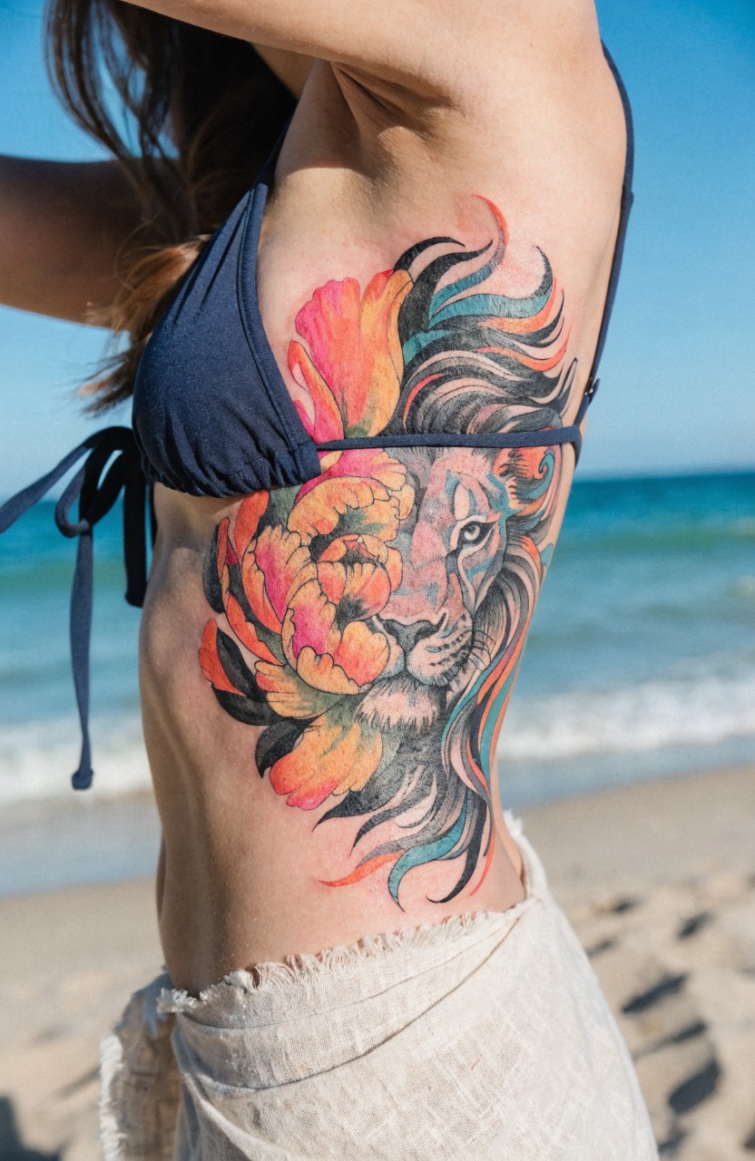 Colorful lion face fused with peony flowers tattooed on a woman's side ribs, shown outdoors near the beach