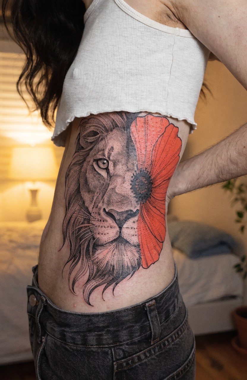 Black and grey realistic lion head tattoo merging into a vibrant red poppy flower on a woman's side torso and ribs