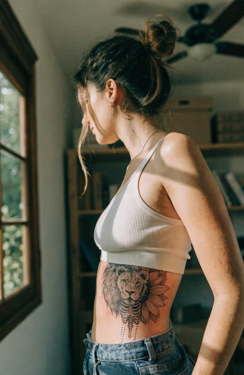 Woman's side profile showing large black ink tattoo of lion head blending into sunflower with ribcage details on ribs and torso