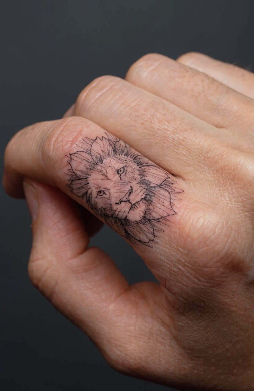 Small fine line black ink tattoo on finger showing lion face blended into surrounding petals