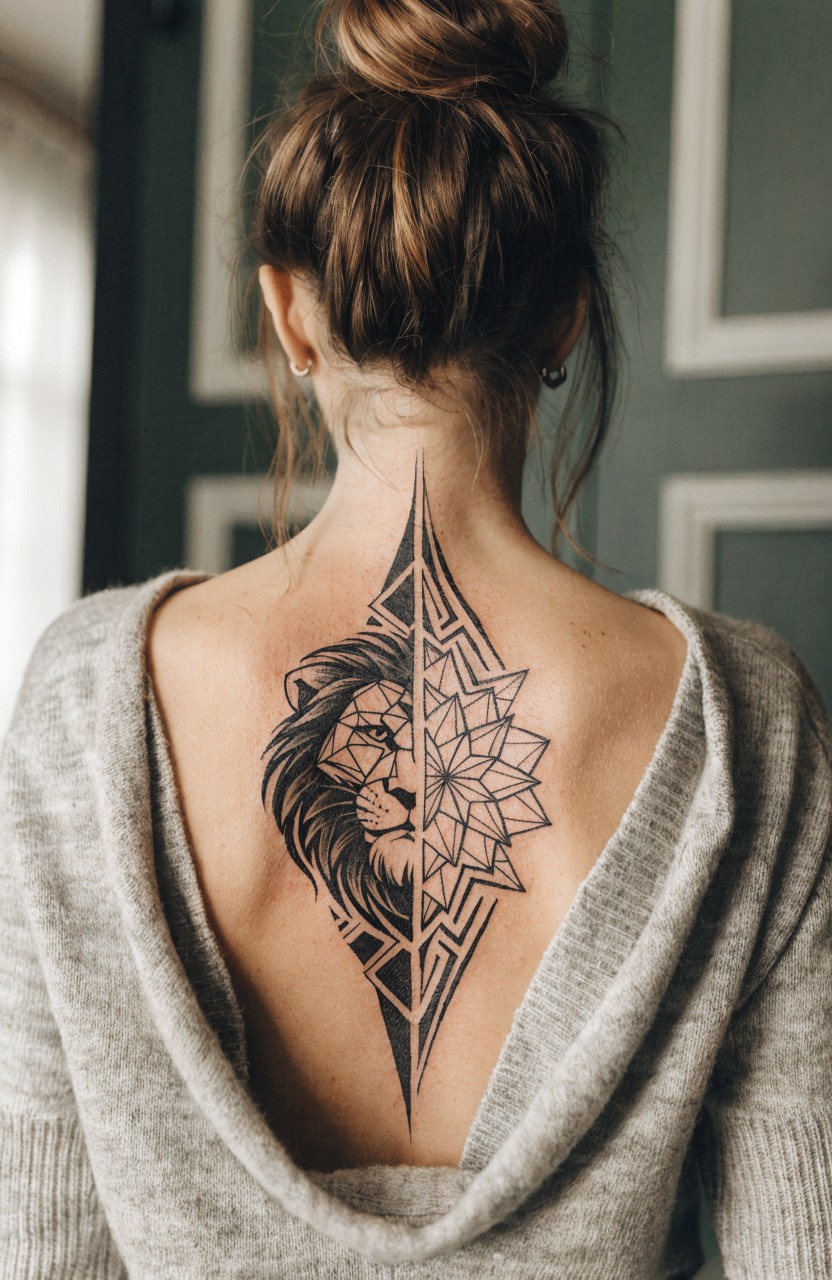 Black ink tattoo on woman's upper back with lion head on left side of diamond shape and geometric mandala on right side centered along spine