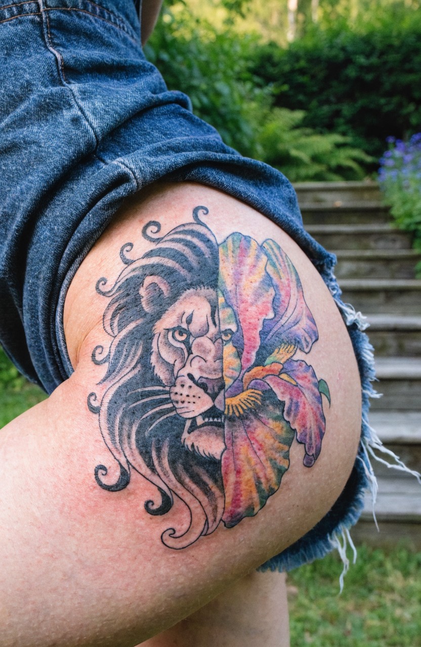 Thigh tattoo of a lion face split down the middle with a colorful iris flower on a woman's leg wearing denim shorts in an outdoor garden setting