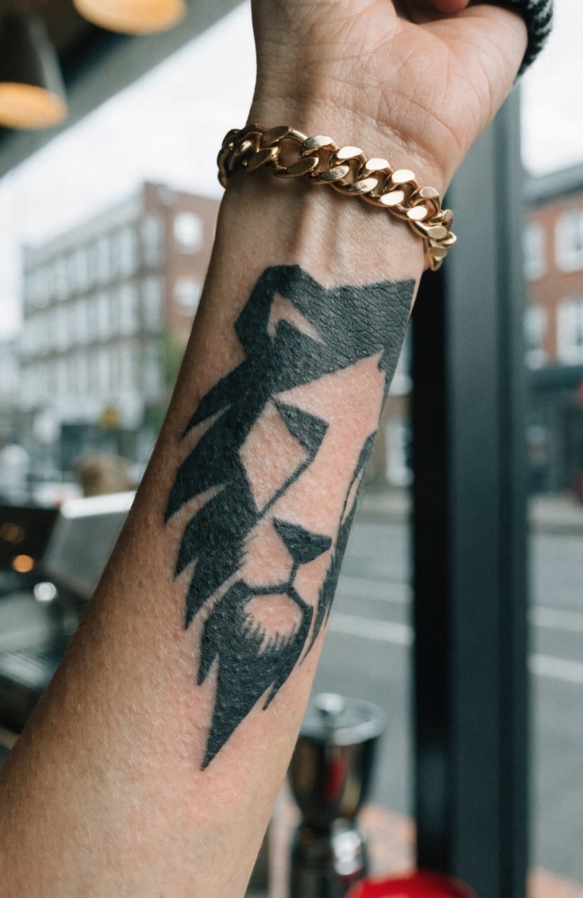 Black geometric lion head tattoo with shaded mane on a forearm, gold chain bracelet, cafe window background