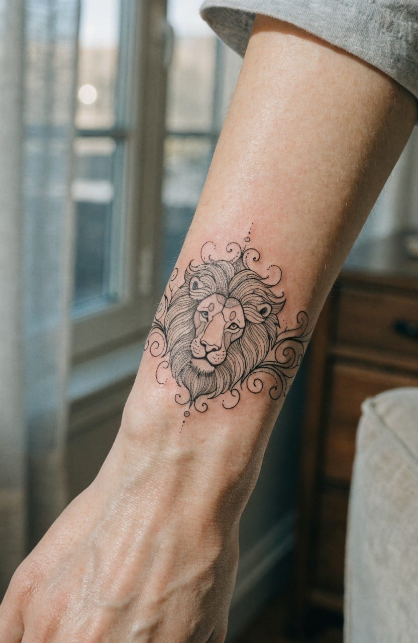 Black fine line lion head tattoo with swirling mane extensions wrapping a woman's forearm