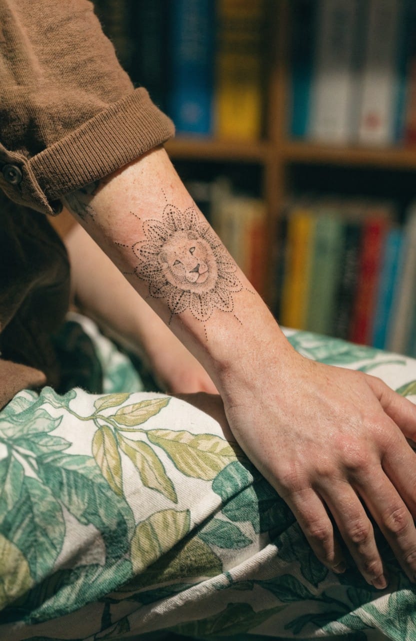 Woman's inner forearm with fine line black ink lion head mandala tattoo, arm resting on green patterned fabric near bookshelves