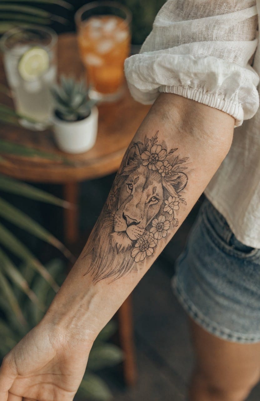 Woman's forearm with large black ink tattoo of a lion head surrounded by detailed flowers, arm extended near a wooden table with iced drinks and plants